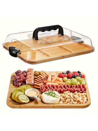 لوح جبن من البامبو مع غطاء أكريليك شفاف - صينية شرائح اللحوم المحمولة للتخييم والتجمعات والمطاعم | صينية تقديم المقبلات والمقرمشات والوجبات الخفيفة، قابلة للقلب كلوح تقطيع، مع غطاء قابل للإغلاق