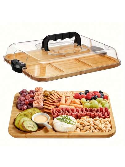 1 Parça Şeffaf Akrilik Kapaklı Bambu Peynir Tabağı - Kamp, Toplantılar, Restoranlar İçin Taşınabilir Şarküteri Tabağı | Aperatif, Şarküteri ve Atıştırmalık Servis Tepsisi, Kesme Tahtası Olarak Tersine Çevrilebilir, Parti Atıştırmalık Düzenleyicisi, Tak-Çıkar Kapaklı