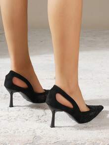 1 Pair Elegant Fabric Embroidered Mesh Splice Fashion High Heel Pumps, Pointed Toe Stilettos, Suitable For Wedding, All Seasons - Black - View 4