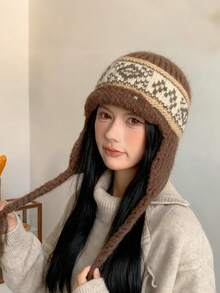 1 pieza Sombrero de piloto/cubo de mujer de punto jacquard bohemio con hilo grueso trenzado, orejeras acogedoras, de moda y versátil, casual y retro para otoño/invierno