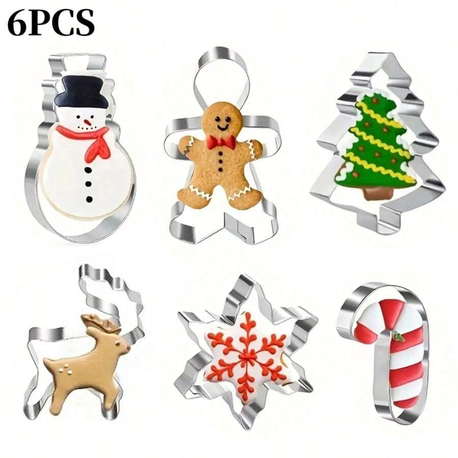 6 PIEZAS/1 SET Moldes para galletas navideñas, moldes de corte de galletas de acero inoxidable con diseños de árboles de Navidad, muñecos de nieve, bastones de caramelo, renos y copos de nieve, herramientas para hornear pasteles y galletas, moldes de cocina para hornear, moldes de galletas navideñas como regalo