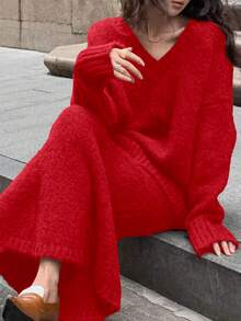 两件套百搭时尚女式毛衣套装，棕色V领长袖针织上衣搭配美人鱼长裙，纯色优雅针织两件套，适合秋冬季外出穿着。 - 紅色 - 查看 5