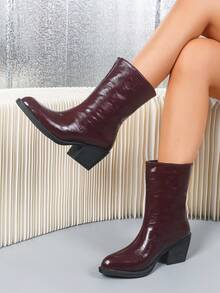 Botas de Tornozelo Femininas Vintage de Bico Fino, Sola Macia Brilhante, Preto e Cinza Carvão, Adequadas para Festas, Baladas, Encontros e Atividades ao Ar Livre - Vinho - Visão 2