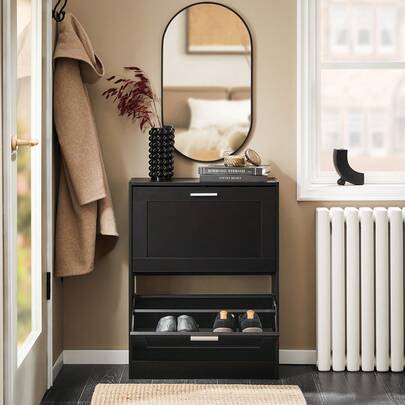 SoBuy Narrow Shoe Cabinet With 2 Flaps, Space-Saving Shoe Rack With Height-Adjustable Compartments – For Hallways, Small Apartments, 20 Kg Load, 60 X 79 X 23 Cm, FSR137