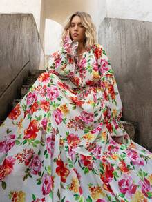 Faeriesty 印花优雅雪纺晚礼服，层叠裙摆，泡泡袖设计，松紧腰身——完美适用于婚礼、花园招待会、新娘送礼会、浪漫晚餐以及度假必备单品。 - 彩色 - 查看 10