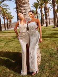 Faeriesty فستان سهرة فاخر مطرز بالخرز بتصميم ذيل حورية البحر مع ياقة قلب وشق جانبي - تفاصيل من اللؤلؤ الاصطناعي وإغلاق سحاب خلفي للزفاف وحفلات السجادة الحمراء والسهرات الفاخرة والعشاء الفاخر، ملابس رأس السنة الجديدة - لون شمبانيي - مشاهدة 10