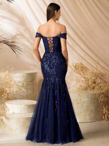 优雅单肩珠绣高腰拼接长裙，露背系带设计，适合舞会、生日派对、晚宴、约会、返校节、婚礼、正式晚宴、家庭聚会等场合。 - 藏蓝色 - 查看 3