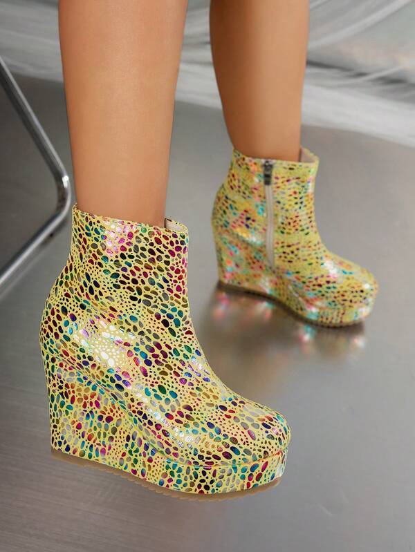 Colorful Polka Dot Platform Chelsea Boots, Glossy Y2K Style Elevator Ankle Boots, Retro Chic Versatile Comfortable Side Zipper Women Boots