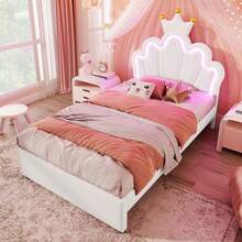 Polsterbett 90x200 cm in Weiß | Prinzessinnen-Kronenbett mit verstellbarem Kopfteil | Ferngesteuertes Ambientelicht & 2 Schubladen | PU-Material ohne Matratze