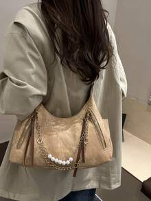 1pc Fashion Zippered Decor Women's Handbag, New Solid Color Texture Large Capacity Shoulder Bag, Multi-Pocket Pearl Chain Decor, Commuting Crossbody Bag, Retro Denim Frosted Bag, Shopping Tote, Suitable For Daily Use, Short-Distance Travel, Outing, Dating, Office Work, Business - Khaki - View 9