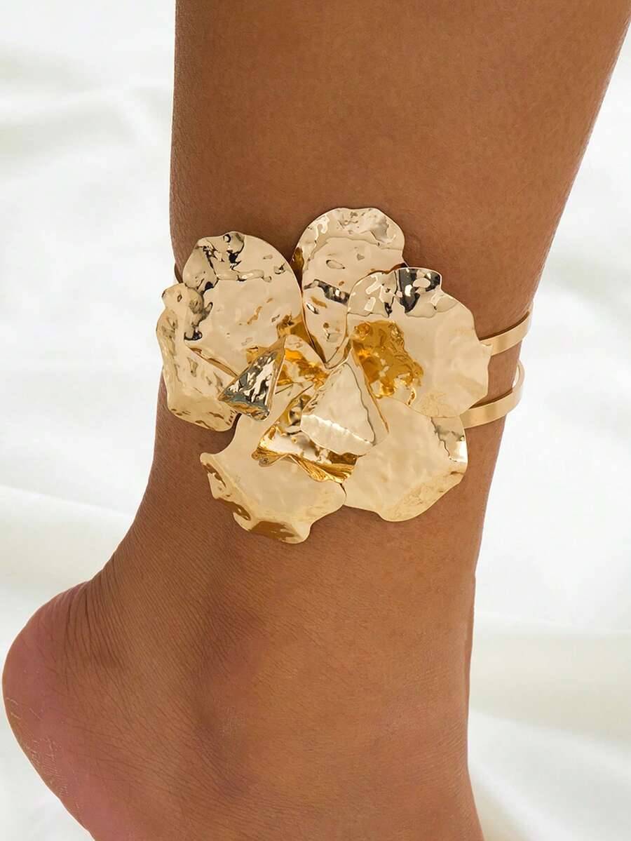 Elegante Tornozelo Vintage 3D Floral Geométrico Dourado, Acessório de Joalheria Feminina para Festa/Presente