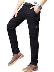 KTMOUW]Pantalones Cargo Clásicos de Sarga para Hombre,Pantalones de Trabajo de Algodón con 6 Bolsillos,Pantalones Casuales para Hombre,Pantalones Cargo de Ajuste Relajado - Negro - Ver 9