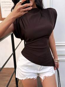 Women's Elegant Solid Color Padded Shoulder Sleeveless Vest, Office Lady Casual Ruffle Asymmetric Zipper Fitted T-Shirt