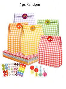 24个/12个/6个/1个彩色格纹牛皮纸袋，可爱小礼品包装纸袋，用于收纳整理，清新风牛皮纸格纹袋，用于糖果包装和送礼，彩色格纹生日礼物，韩式方形底牛皮纸野餐收纳袋，烘焙糖果包装袋，生日礼品袋