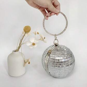 Shinny Silver Disco Diamond Clutch Bling Ball Handbag And Purse Women Chic Glass Rhinestone Round Evening Bag