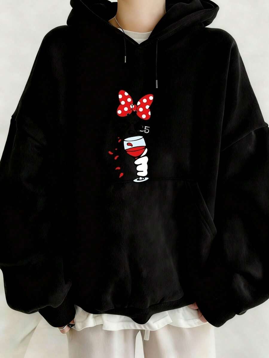 [Disney Authorized] Oversized Hoodie For Women With Minnie Mouse Bow And Wine Glass Print, Casual Loose Fit Pullover Sweatshirt, Cozy Autumn Winter Hooded Top, Perfect For Daily Wear And Relaxation - màu đen - Xem 1