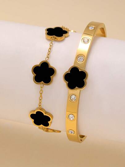 Conjunto de Pulseiras Femininas de Aço Inoxidável com 5 Folhas de Zircônia, Elegante e da Moda, Adequado para Uso Diário, Festa à Noite, Encontro a Dois, Presente e Outras Ocasiões