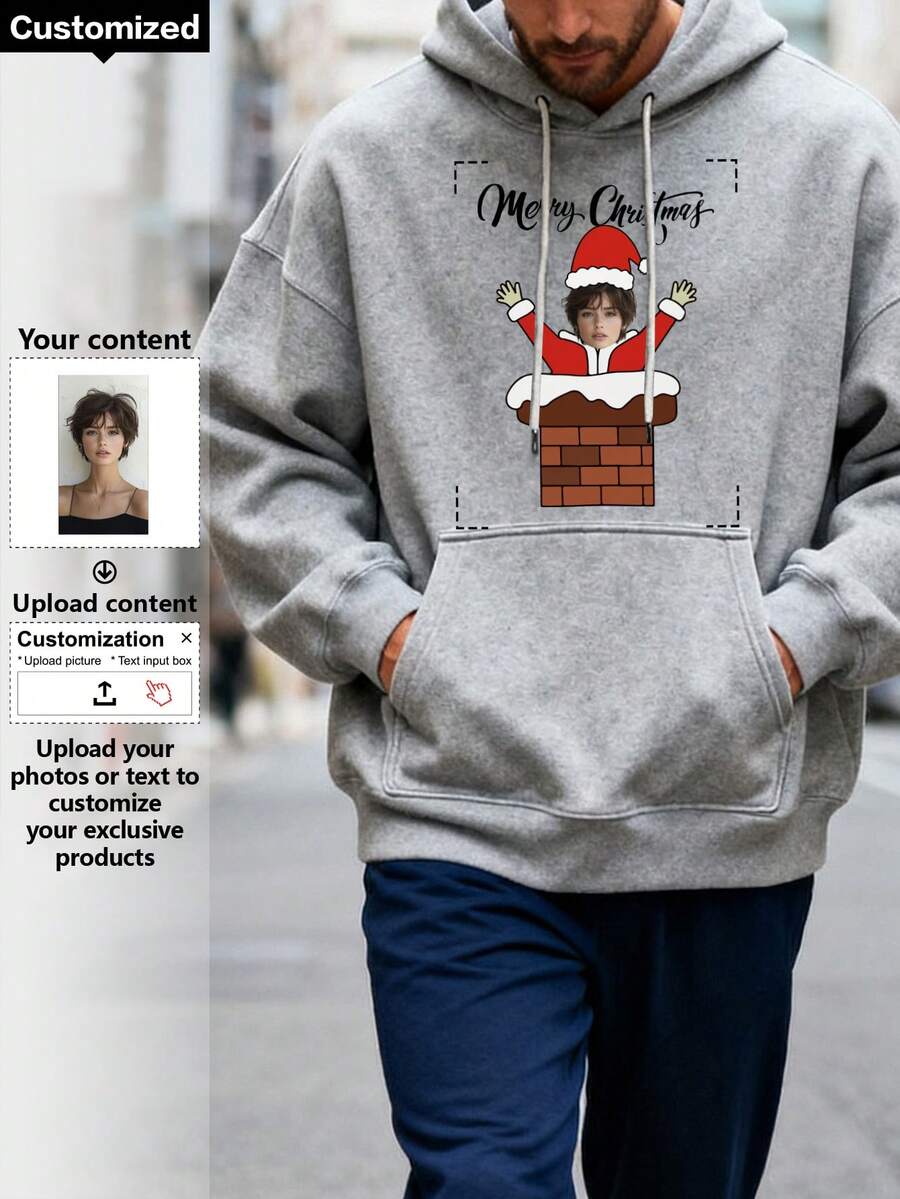 Customized Men's Hoodies Christmas, Couple, Party, Christmas Gift, Thanksgiving Gift, Family Santa Claus, Christmas Chimneys, Long Sleeve Top - Grey - View 1