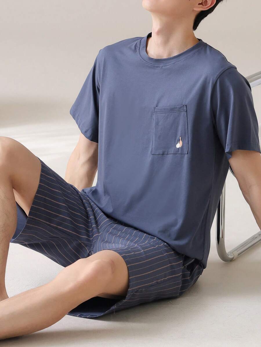 AICJ 2 件套男士休闲纯色宽松简约可穿戴户外短袖 T 恤和格子短裤睡衣套装，春夏