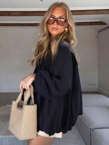 Women's Oversized Black Bomber Jacket - Long Sleeve Front Zipper Casual Outerwear Coat - Black - View 5