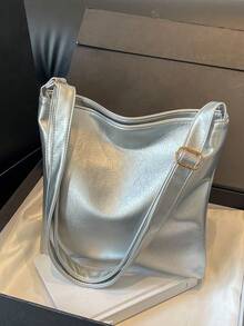 New Silver Large Capacity Metallic Color Soft PU Water-Resistant Single Compartment Crossbody Bag, Suitable For Daily Commute - Silver - View 8