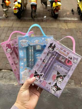 Sanrio Boîte cadeau de fournitures scolaires pour étudiants avec personnages Sanrio, fournitures scolaires de dessin animé, cadeau d'anniversaire