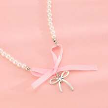 1pc Elegant Necklaces For Women,Heart Shaped Bow Pendant,Pink Choker,Pearl Necklace,Heart Necklaces,Gifts For Women,Jewelry Women