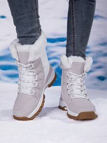 Botas de nieve para mujer, con patrón texturizado cálido, cordones para deportes al aire libre, forro de felpa, antideslizante, adecuado para uso en interiores y exteriores, invierno
