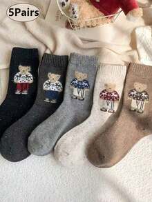 5 Pairs Autumn/Winter Warm Retro Cartoon Dotted Cute Bear Mid-Calf Socks, Fall Socks