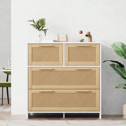 Hochwertiger 4-Schubladen-Rattanschrank mit Massivholzgriffen - Geeignet für Schlafzimmer, Wohnzimmer, Esszimmer, Flur - Maße: B80/H80/T38 cm