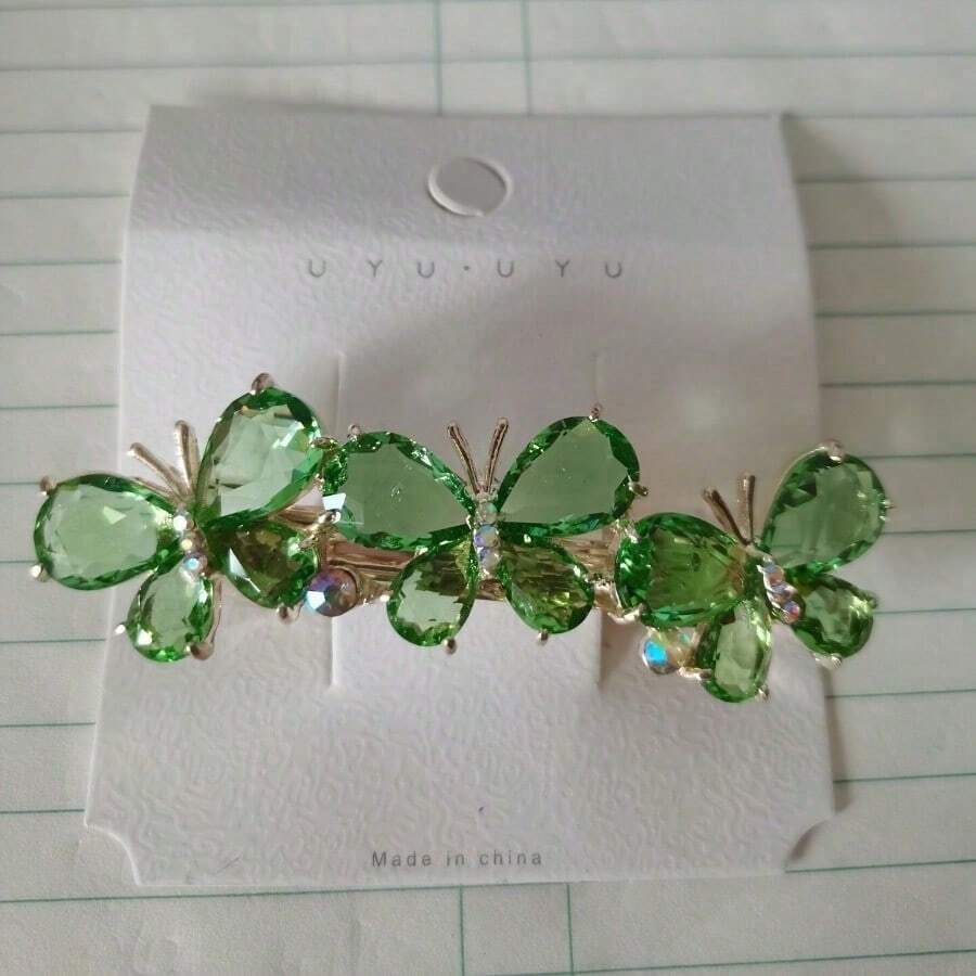 Pasador de pelo con cristales de strass, clip francés con mariposa retro, clip de primavera para peinados, accesorio de moda - Verde - Ver 1