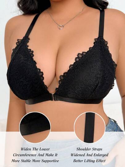 Sujetador de encaje de talla grande para mujer, escote en V profundo, color negro, tirantes halter, cierre frontal, espalda con lazo triangular, elegante y sexy, lencería, para uso diario