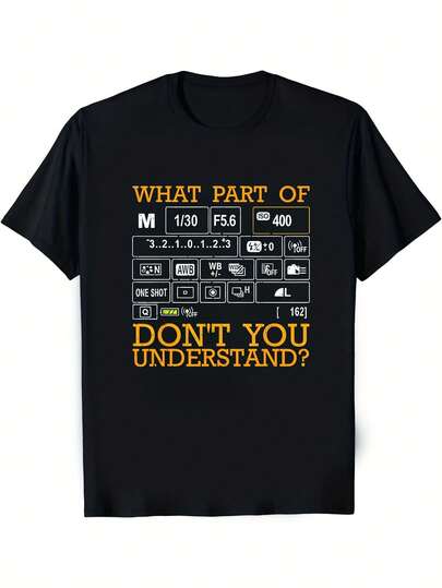 Camiseta Divertida de Ajustes Fotográficos para Camarógrafos - Modalidades Cámara SLR f1.8, fa2.8...fa5.6, apertura 8, ISO 100, 200..400.800. 1600. 3200 ¡Regalo Gracioso! Para fotografías y entusiastas del cine – con jerga amarela sobre la lente Ø Cuello redondo ligero 180gsm ideal casualsenderismo– Diseño divertido unissex (hombres & mujeres) Ropa lavable en máquina