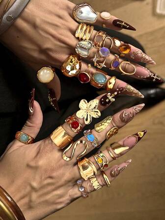 23/20/14/5 st. stapelbara vintageringar i flera delar, moderiktiga, minimalistiska, eleganta, retrodesign, geometriska, blommiga, konstpärlor, rynkstruktur, asymmetriska, strass, färgglada konstgjorda ädelstenar, bling bling, ihåliga, vattendroppe, vågor, hjärtan, enfärgade, metalliska, ringset, högtid, fest, dejt, present, vardagskläder