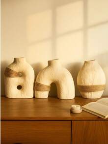 1 pieza/Set de 3 piezas Jarrón de cerámica mate hecho a mano con cuerda de cáñamo, decoración del hogar minimalista Wabi-Sabi - Multicolor - Ver 3