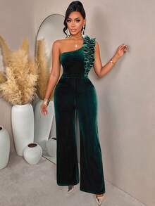 AIJ Amarilo 女士荷叶边腰部阔腿连体裤，2025 秋冬纯色丝绒鸡尾酒会礼服，新年女士服装 - 墨綠色 - 查看 6