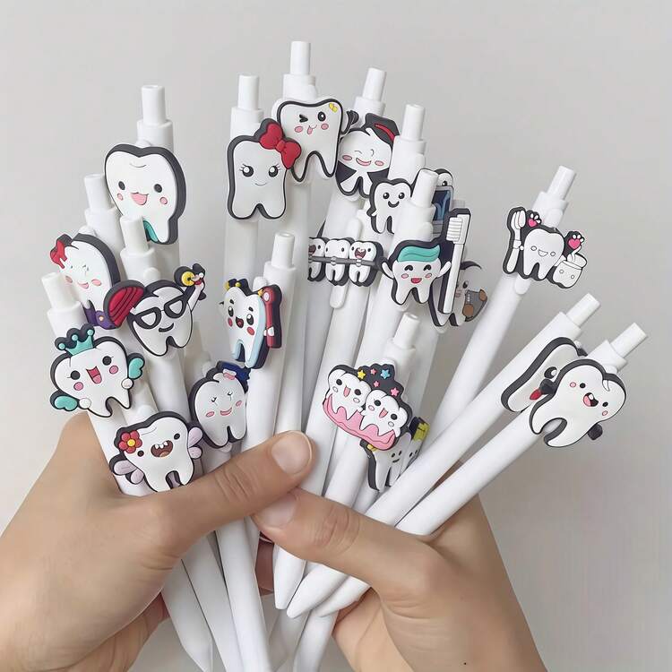 10pcs Retractable Dental Theme Ballpoint Pens, Minimalist Solid Color Tooth Shaped Pens, Writing Office Nurse Pens, Suitable For Dental Nurses, Medical Assistants And Student Gifts, Random Style - White - View 1