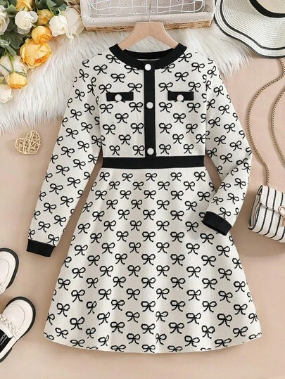 秋冬款英伦风蝴蝶结针织连衣裙