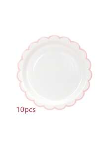 10个/20个/50个装白色和粉色纸盘，7英寸/9英寸，白色纸盘带浅粉色滚边，可爱白色扇形纸盘，一次性餐盘，甜点派对餐盘，适用于圣诞节、迎婴派对、婚礼、新娘派对、性别揭晓派对、生日、情人节派对用品装饰 - 白底粉邊 - 查看 10
