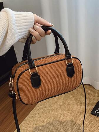 New Fashion Daily Versatile Double Handle Corduroy Handbag, Simple And Elegant Women's Brown Wallet, Can Be Worn On One Shoulder Or Crossbody, Suitable For Shopping And Commuting