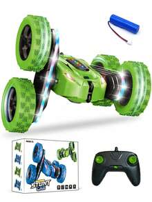 1 件遥控特技车，带彩色 LED 灯，2.4GHz 全地形遥控车，4WD 360° 旋转翻转玩具车，可充电遥控车玩具，适合 6-8 岁和 8-12 岁儿童，是圣诞节、万圣节、复活节、新年、生日的绝佳礼物（蓝色、绿色、红色）