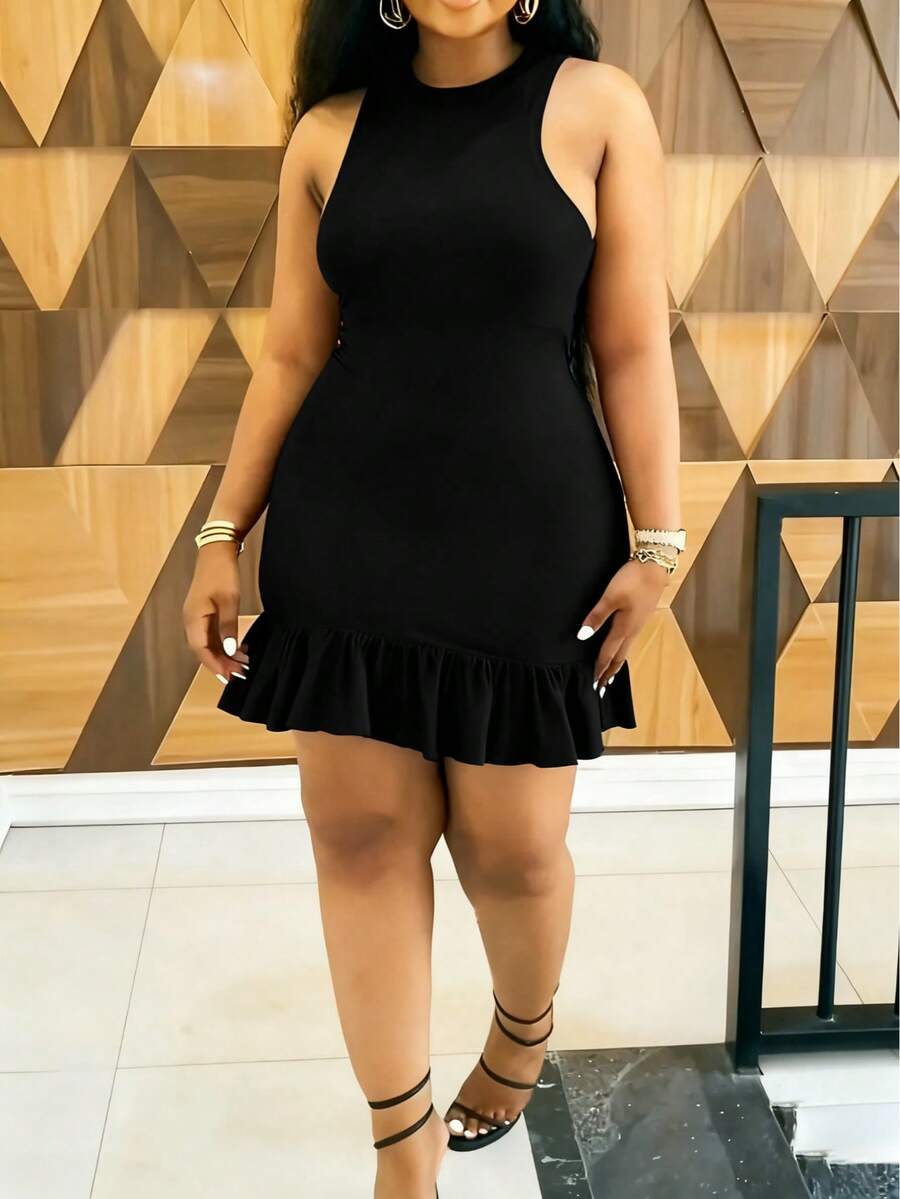 荷叶边下摆圆领修身连衣裙，优雅无袖派对礼服，适合春夏穿着，女士黑色 - 黑色 - 查看 1