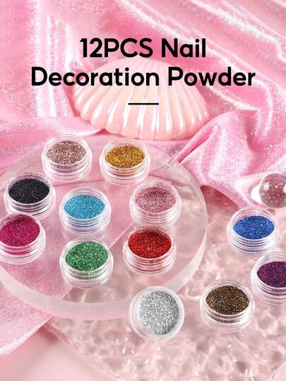 coscelia 12/24/48PCS Nail Decoration Powder Set-Pink Red Silver Decoration Powder For Gel Polish & Acrylic Powder, For Women DIY Nail Salon Use