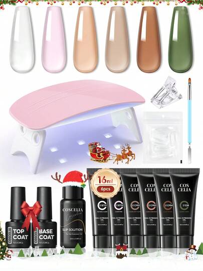 coscelia 6 Colors 16ML Poly Gel Nail Extension Set, Clear Brown Green Builder Nail Gel & Solution & UV Lamp, Base Top Coat Set For Women DIY Nail Salon Christmas Gift
