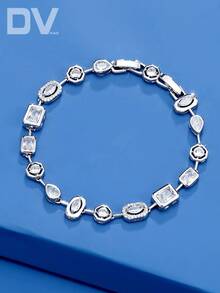 DV JEWELRY 1pc Artificial Zirconia White & Colorful Stone Bracelet, White Gold Plated Luxury Women's Bracelet, Elegant Jewelry For Date, Wedding, Party, Anniversary, Women's Gift - Silver - View 7