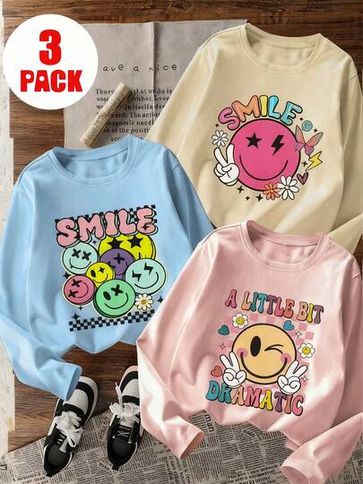3件套少女印花长袖T恤，适合秋冬季叠穿，年轻学生服装，可作外衣或内搭。