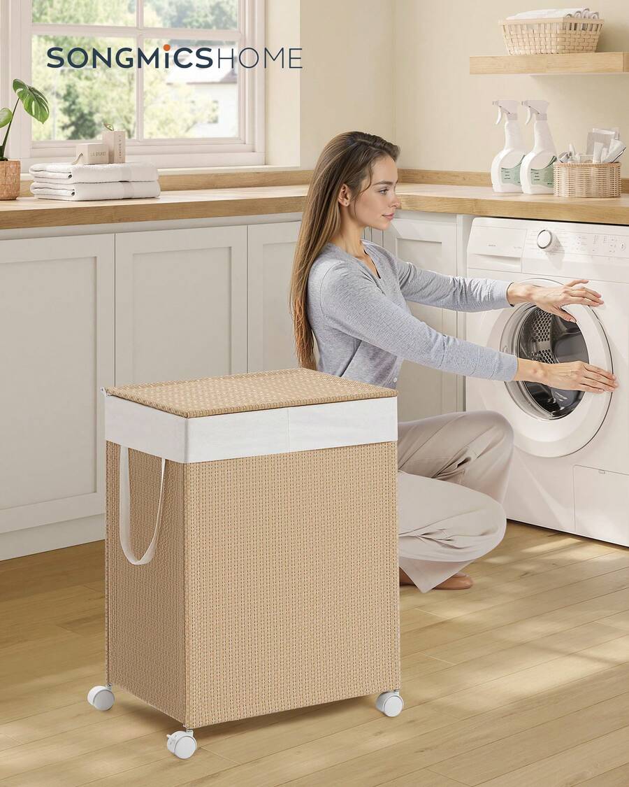 SONGMICS Laundry Hamper With 2 Section, 100 L Large Rolling Laundry Basket With Wheels, Rattan Clothes Hamper With Lid, Removable Liner With Handles - Màu be - Xem 1