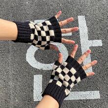Checkered Black And White Fingerless Gloves, Polyester Knit Fabric, Hand Wash Only, Fall/Winter Unisex Half-Finger Wrist Warmers - Checkerboard - View 7