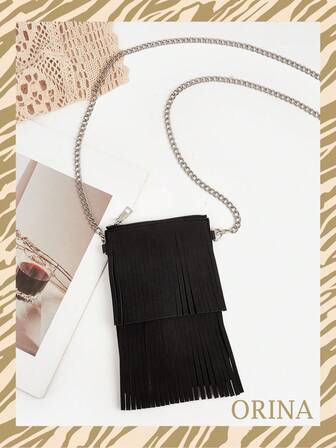 新款复古流苏斜挎包，简约设计绒面革链条单肩包，时尚手机袋