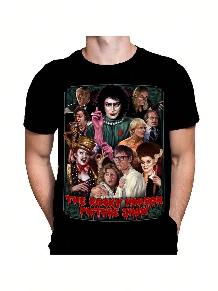 Men's 100% Pure Cotton Crew Neck Short Sleeve T-Shirt With The Rocky Horror Picture Show Graphic Design, Black, Casual Style, Suitable For Activities And Gatherings, Men's Holiday Outfits, Men's Graphic T-Shirts, Summer Clothing, Funny Graphic T-Shirts - 黑色 - 查看 1